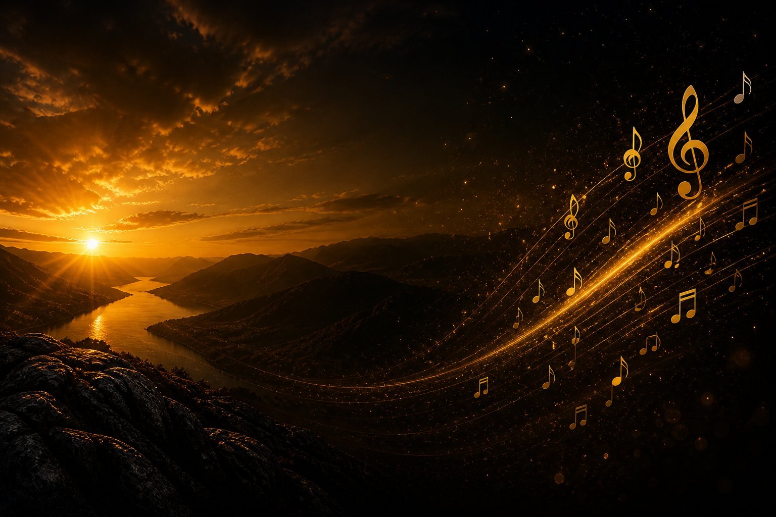 Golden sunset over a river valley with glowing musical notes flowing across the dark sky